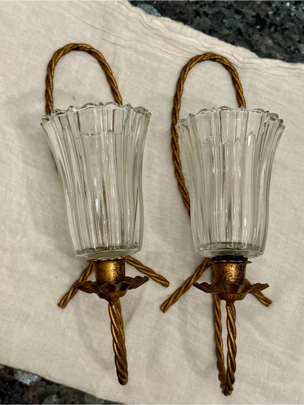 2 Vintage Twisted Metal Rod MCM Candle Holder Wall Sconces Glass Holders
